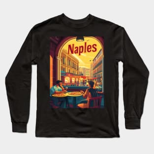 Two people savor delicious pizza at an outdoor cafe in Naples, surrounded by lively streets and beautiful buildings as the sun sets, Long Sleeve T-Shirt